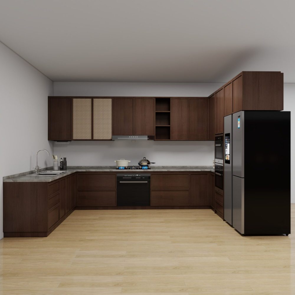 Tủ bếp Plywood phủ melamin vân gỗ óc chó PL12